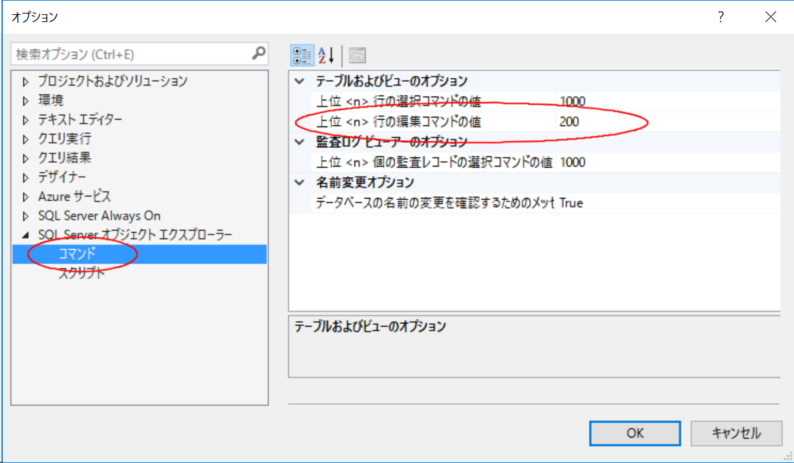 SQL Server Management studio 「オプション」－「コマンド」